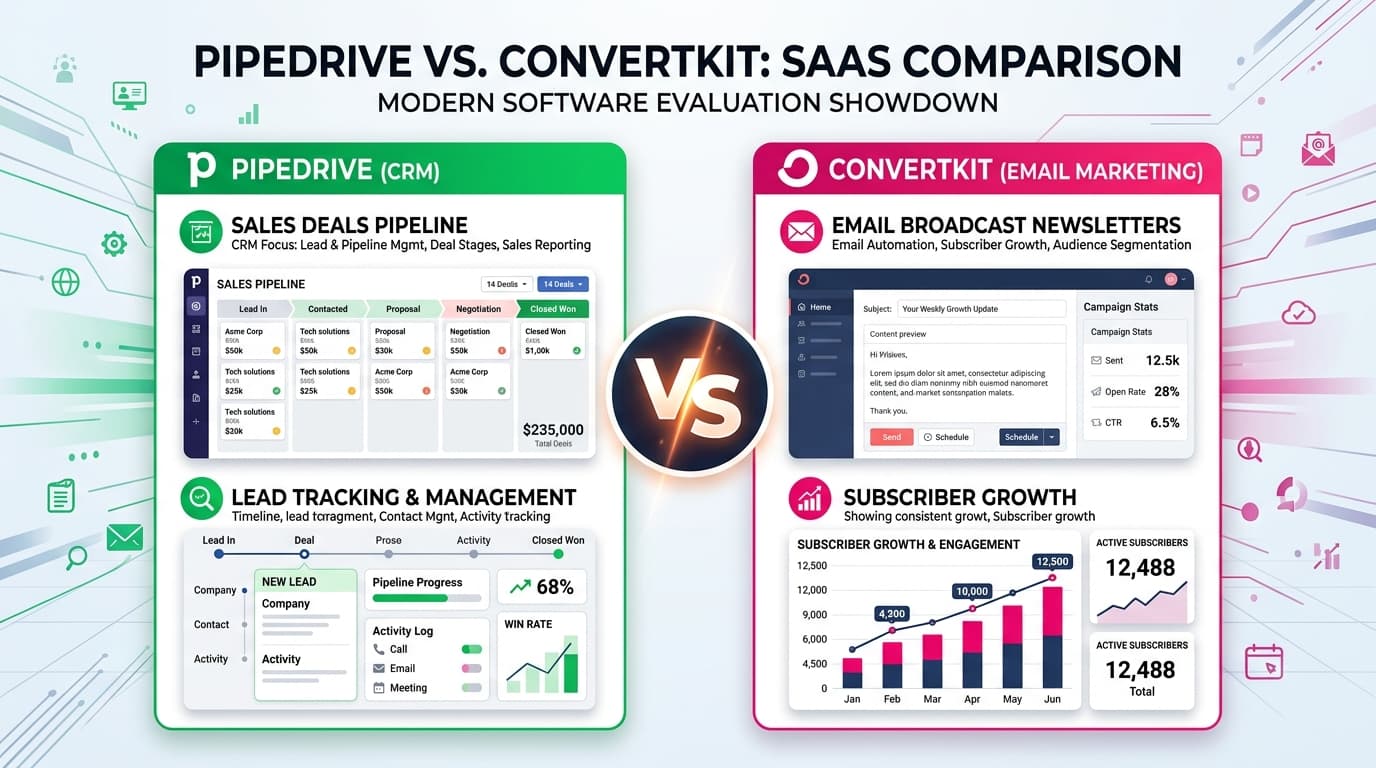 Pipedrive CRM sales deal pipeline versus ConvertKit email newsletter marketing dashboard comparison