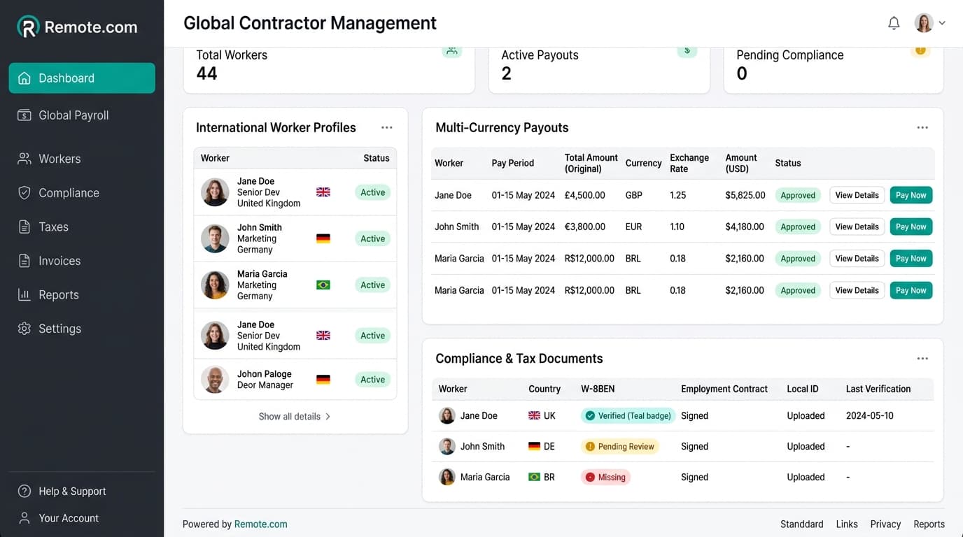 Remote.com global contractor management dashboard interface with multi-currency payroll tables