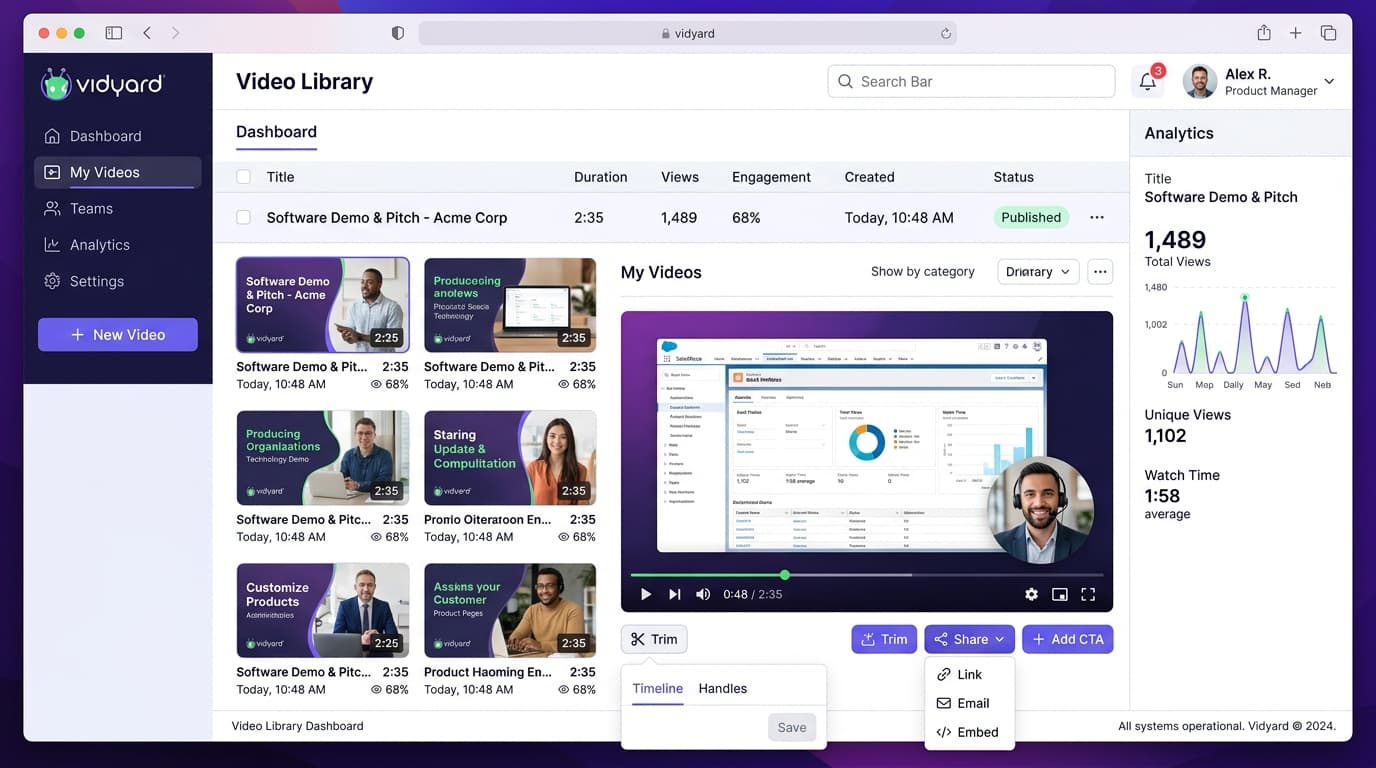 Vidyard video library dashboard and asynchronous screen recording extension interface